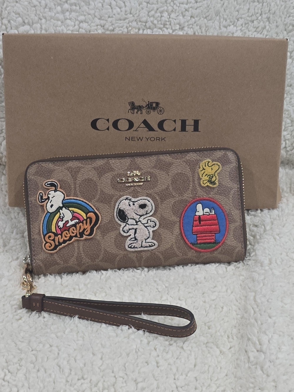 Coach x Peanuts Brown Zip Wallet with Snoopy Patches